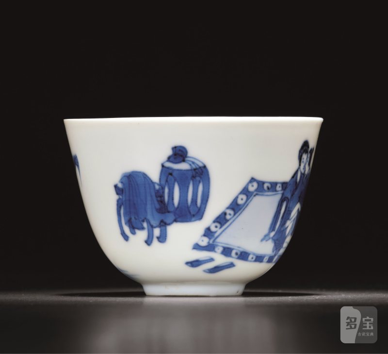 清康熙 青花洞石芭蕉“醉后多娇”图杯 - 图2
